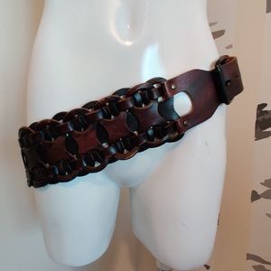 Women's Extra Wide Woven Brown Leather Belt L